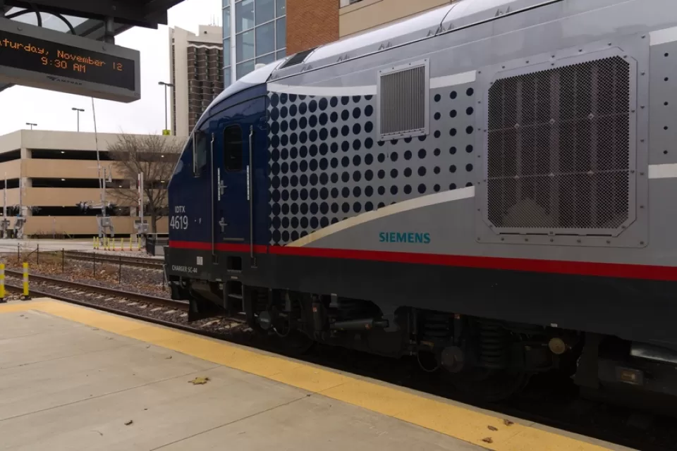 An Amtrak train waits at the Uptown Station in Normal, Illinois on its way from Chicago to St. Louis.